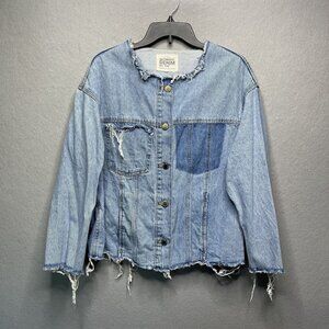 Zara TRF Authentic Denim Oversized Collarless Distressed Jean Jacket Multi